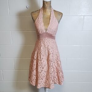 Elegant Pink Lace Halter Dress